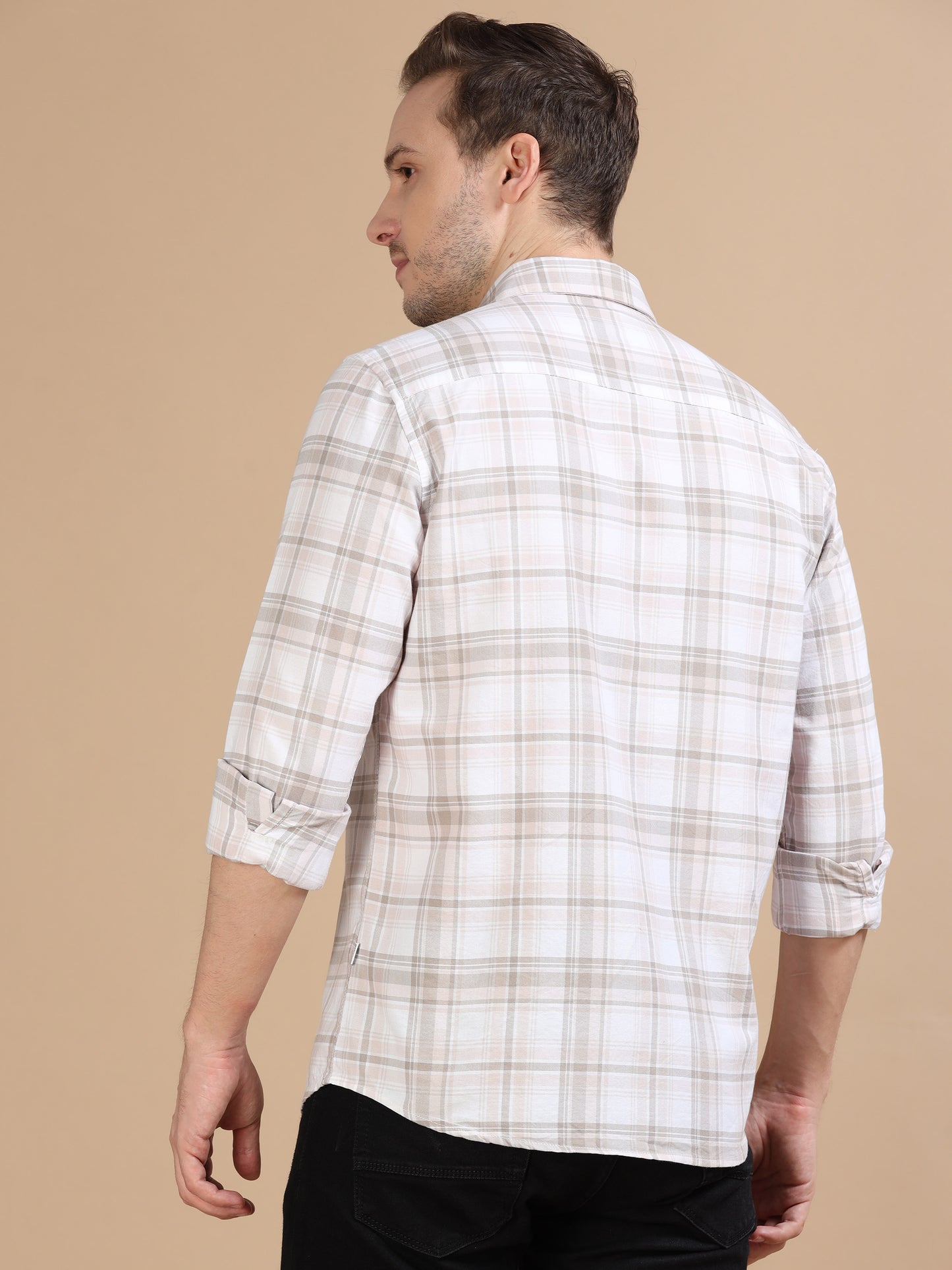 Marksmith Men's Oxford Checkered Slim fit Shirt, White:Beige:Grey,
