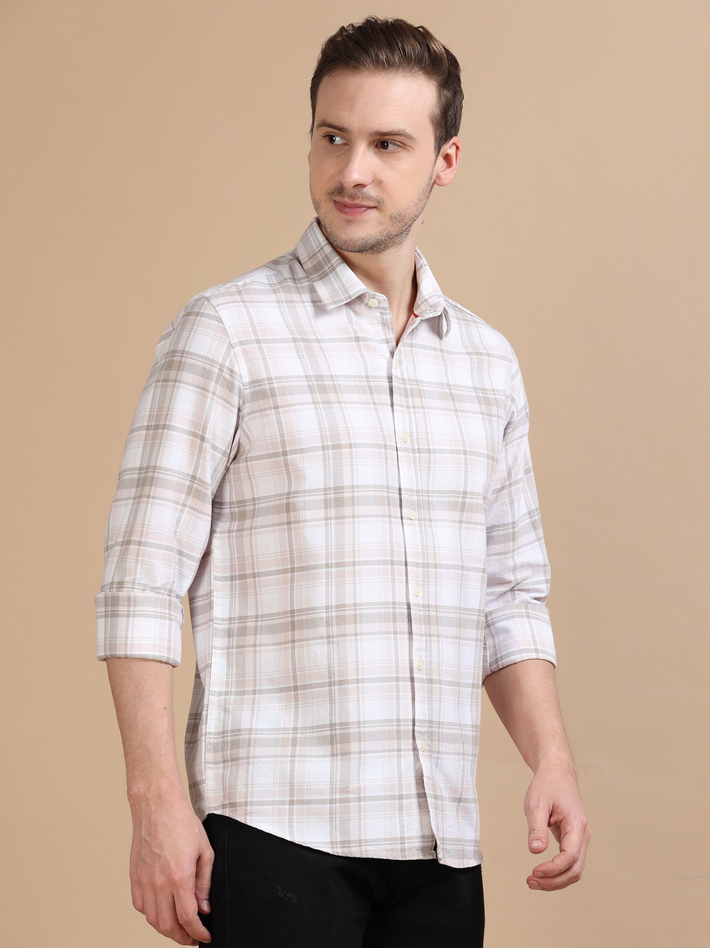 Marksmith Men's Oxford Checkered Slim fit Shirt, White:Beige:Grey,