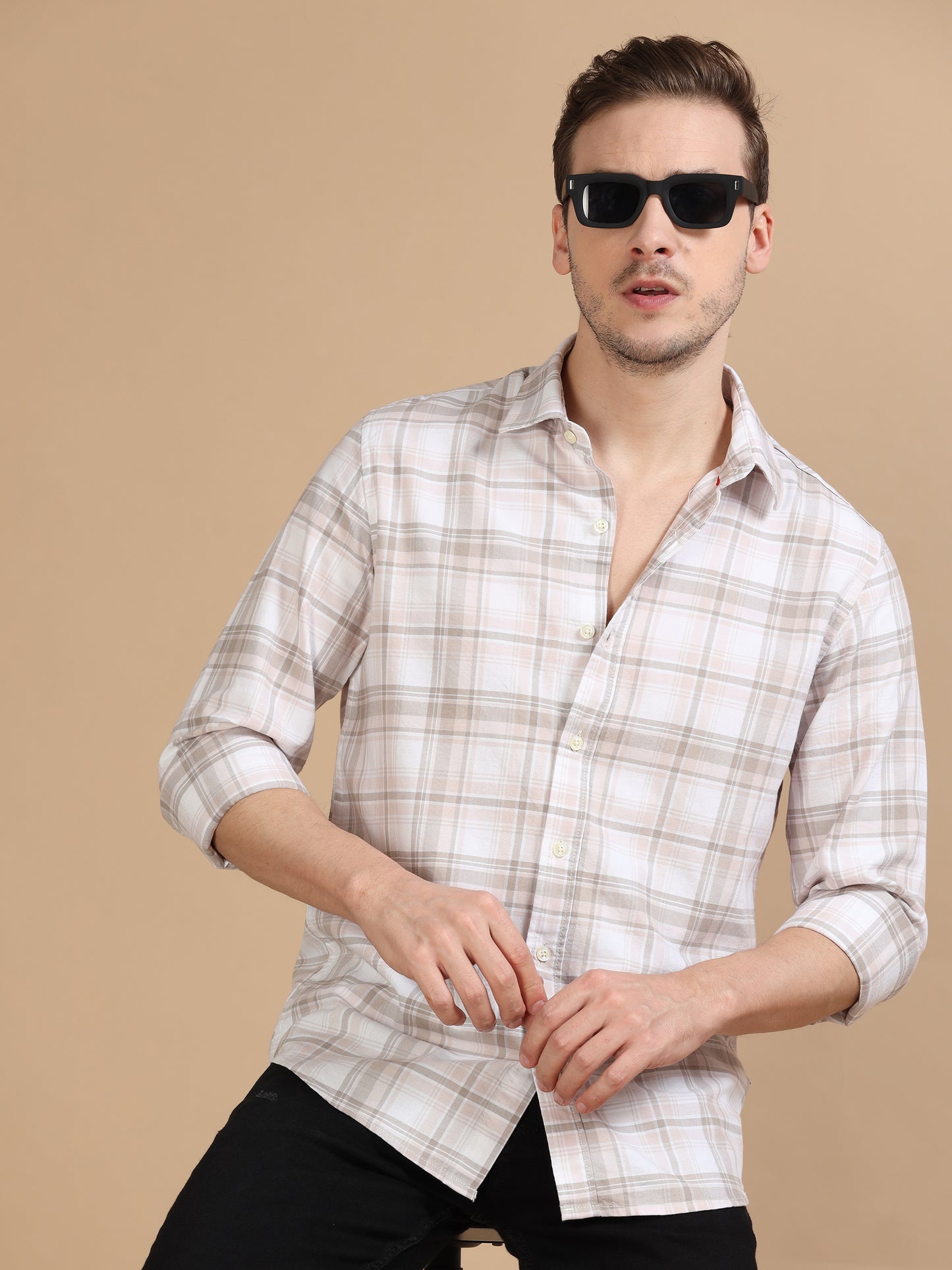 Marksmith Men's Oxford Checkered Slim fit Shirt, White:Beige:Grey,