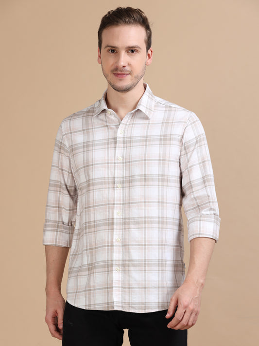 Marksmith Men's Oxford Checkered Slim fit Shirt, White:Beige:Grey,