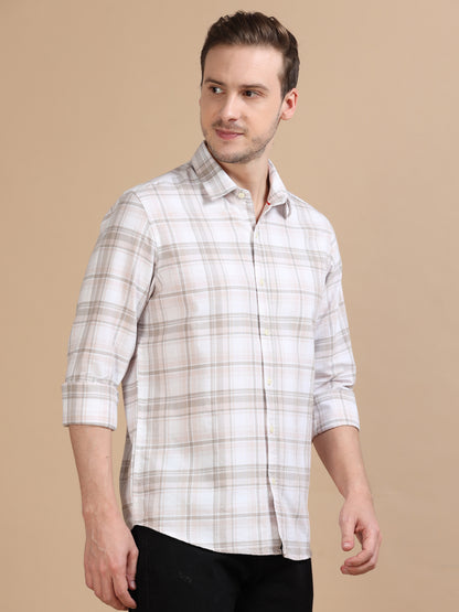 Marksmith Men's Oxford Checkered Slim fit Shirt, White:Beige:Grey,